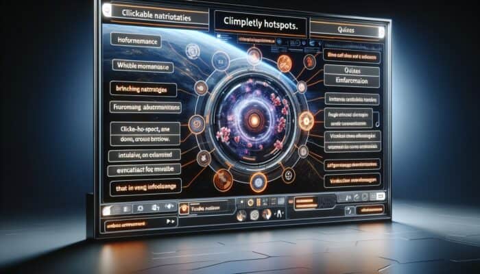 Why Interactive Videos Are Trending: A futuristic screen showing an interactive video with clickable hotspots, branching narratives, and quizzes for active viewer engagement.