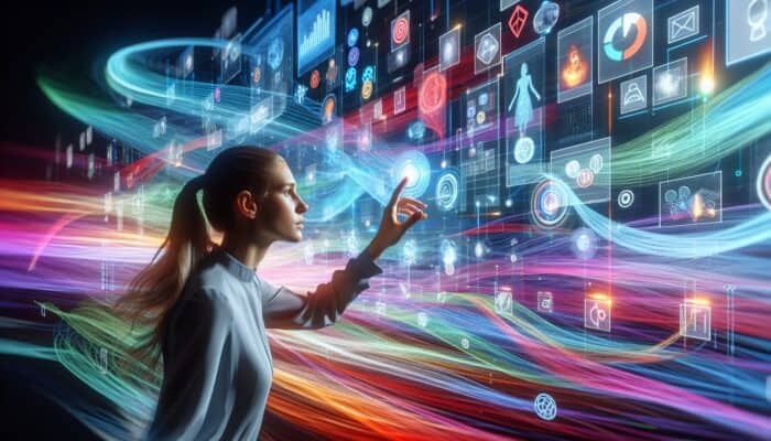 Person interacting with an interactive video on a futuristic screen, surrounded by vibrant data streams and icons.