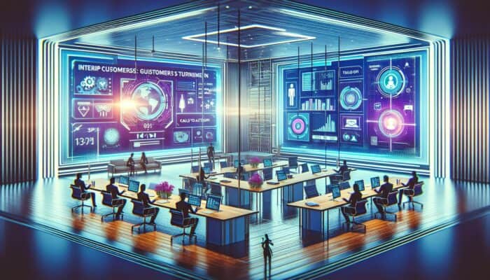 Futuristic business setting with interactive video screens guiding customers, enhancing engagement and conversion rates.