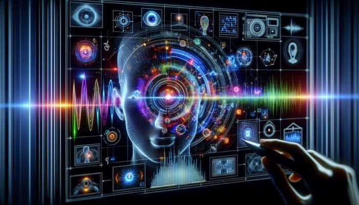 Optimizing Videos For AI Overviews: AI analyzing video with overlays highlighting objects, movements, facial expressions, and audio analysis.