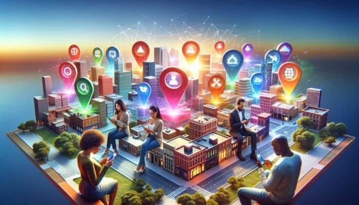A digital map showing local businesses with SEO icons, customers using smartphones to search nearby services.