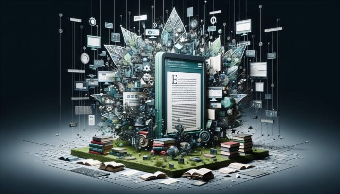 Creating Cornerstone Content for Authority: A detailed webpage with evergreen content, surrounded by books and links, symbolizing a cornerstone of knowledge.