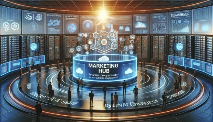 Marketing Hosting With Secure Cloud Integrations: A futuristic marketing hub with secure cloud servers, vibrant data streams, and teams collaborating in real-time, protected by shields.