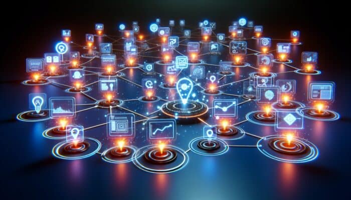 Using Attribution Models for Accurate ROI: A digital landscape showing interconnected nodes and a path to a central conversion point, illustrating attribution models.
