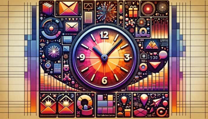 A digital clock showing mid-morning, surrounded by open emails, holiday symbols, and engagement graphs.