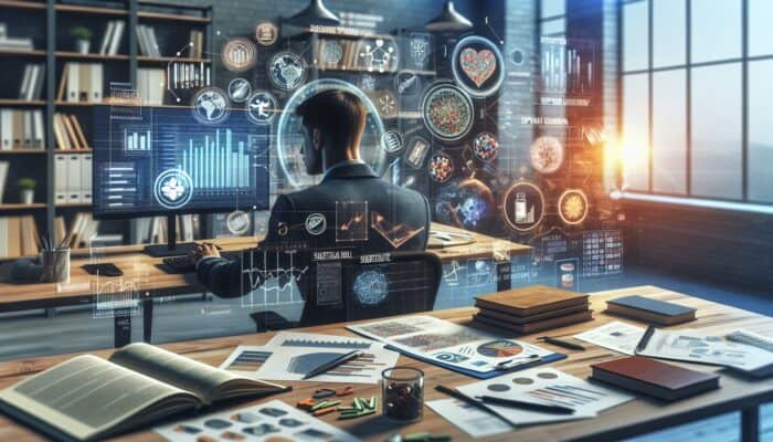 A professional analyzing supplement research data on a computer, surrounded by books and notes.