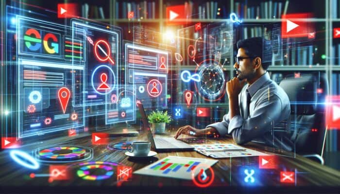 An SEO expert in a high-tech office analyzes data dashboards on multiple screens, highlighting issues with red flags and icons amid charts.