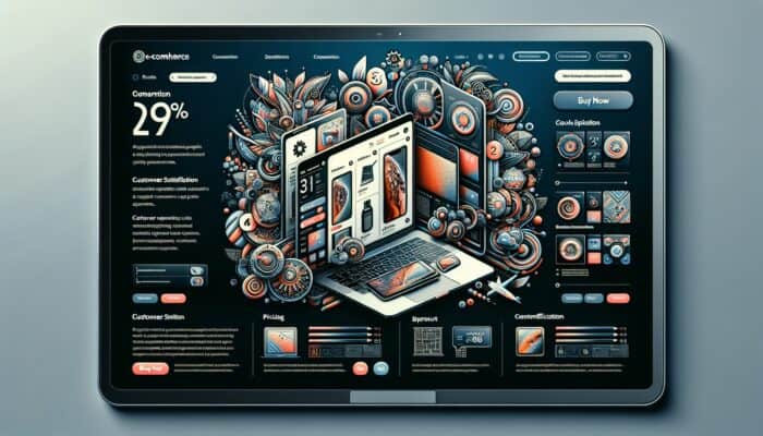 Laptop screen showing e-commerce product page with stylish gadget images, detailed descriptions, pricing, customer reviews, and a prominent "Buy Now" button.