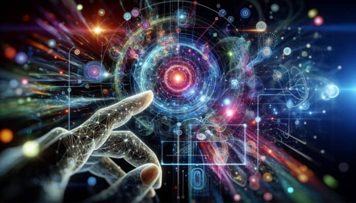 Interactive video on a digital screen with glowing overlays, branching paths, and a hand clicking choices in a vibrant, evolving story.