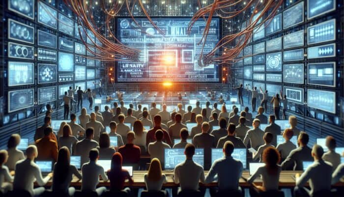 Dynamic video production studio: Analysts examine datasets on glowing screens amid cables, as viewers test content on a massive display.