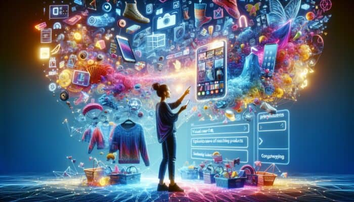 How to Optimize for Visual Search in E-Commerce Videos: Diverse shopper using smartphone to upload image for e-commerce visual search, showing colorful matching products.