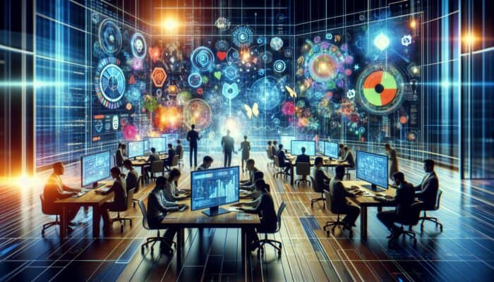 Analysts in a digital workspace reviewing Google Analytics dashboards, Ahrefs keyword clouds, and social listening feeds on multiple screens.