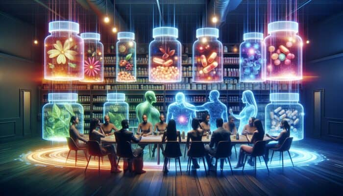 How to Use Case Studies for Supplement Credibility: Diverse individuals in a modern wellness center sharing supplement success stories, surrounded by colorful pills, glowing charts, and timelines of benefits and challenges.