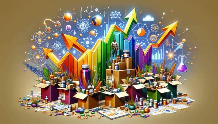 Colorful subscription boxes overflowing with health supplements, surrounded by upward-trending graphs, innovative lab equipment, and smiling customers, symbolizing market growth.