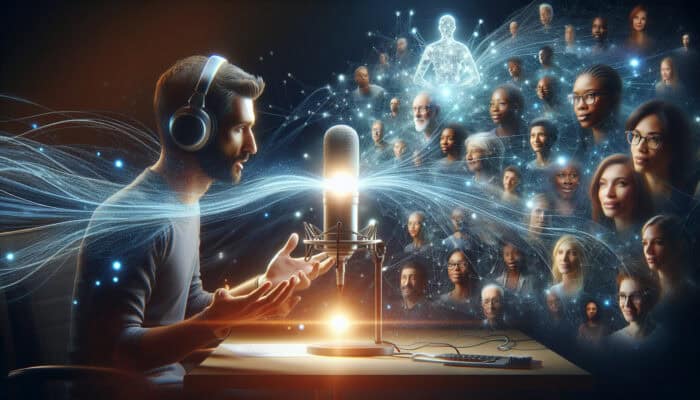 Diverse host speaking into a glowing microphone, surrounded by ethereal threads linking to global listeners' faces on screens, symbolizing emotional connections.