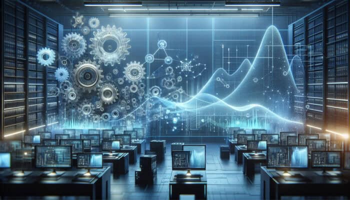 Gears meshing with glowing algorithms on a holographic screen, data streams flowing to a peak in a futuristic lab with blue lighting.