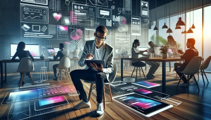 Focused web designer sketches responsive layouts on a tablet in a modern studio, surrounded by smartphones and laptops showing vibrant interfaces.