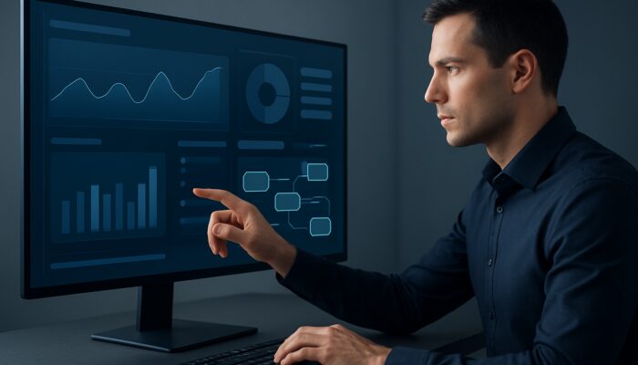 Sleek Search Atlas dashboard with interactive data charts and user navigating workflows efficiently.