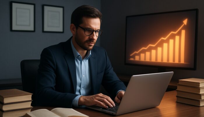 Focused expert at desk with books, certificates, and SEO graphs symbolizing E-E-A-T.