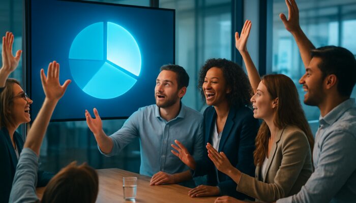 Professionals in modern office discussing digital poll on screen with raised hands.