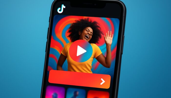 TikTok in-feed ad on smartphone screen with bold branding, CTA overlay, and energetic music visuals.