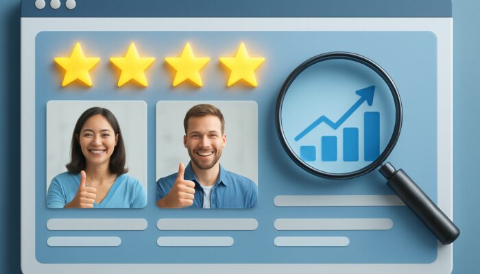 Bustling e-commerce site with glowing star reviews, thumbs-up icons, rising traffic graphs, and SEO magnifying glass.