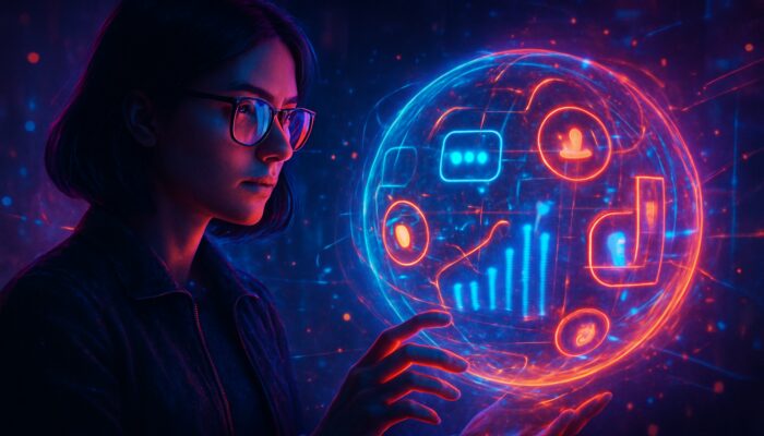 Cyberpunk digital analyst weaving social media icons and sales data into luminous holographic marketing orb