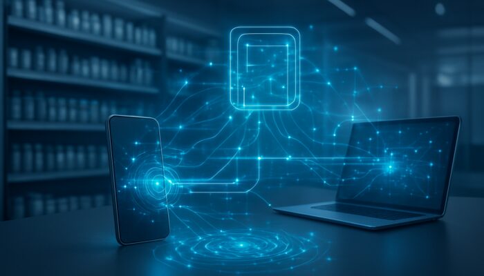 Interconnected holographic interfaces linking supplement inventory shelves to customer apps with glowing data streams.