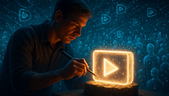 Creator sculpting glowing video titles from light amid digital crowds and play icons in cyber realm