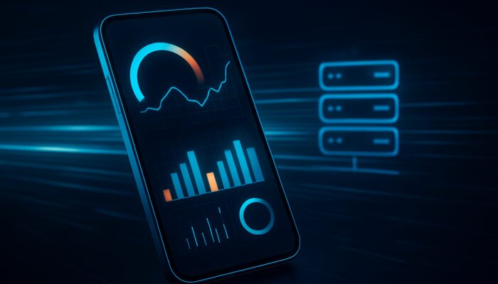 Smartphone screen displaying performance metrics, speed graphs, and bounce rate indicators on dark backdrop.