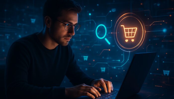 Digital strategist at glowing laptop with floating keywords linking searches to shopping carts in cybernetic marketplace illustration.
