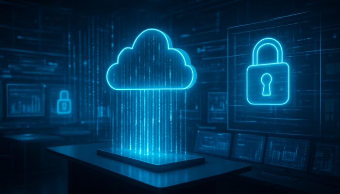 Futuristic control room with glowing data streams and analytics dashboards monitoring secure hosting activities.