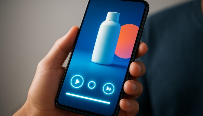 Hand holding smartphone streaming vibrant promotional video with glowing fast-loading icons.