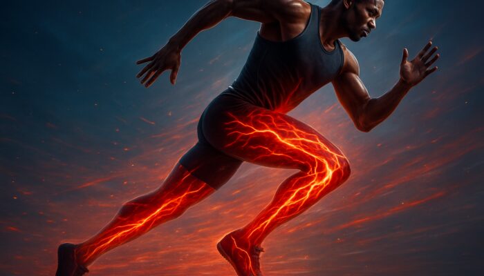 Muscular sprinter with glowing red blood vessels widening in legs from nitric oxide boost.