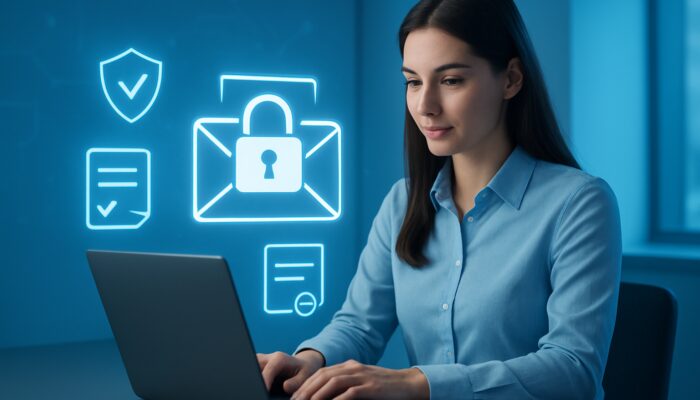 Marketer at laptop sending GDPR-compliant personalized emails with floating consent forms and security locks in blue office