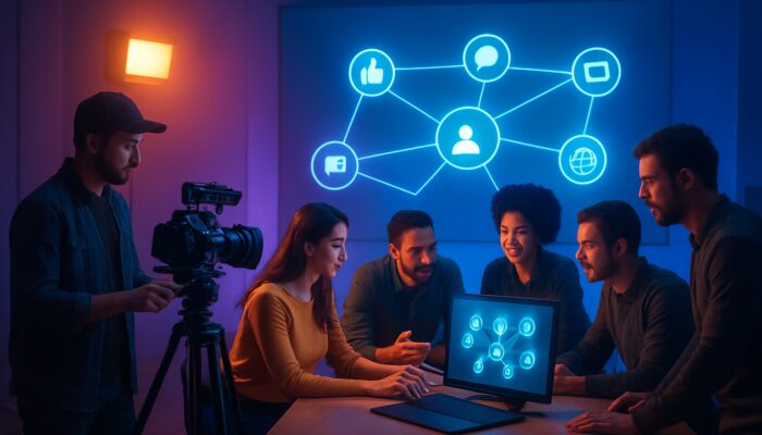 Diverse team in vibrant studio using cameras, editing software, and social media connections for video production.