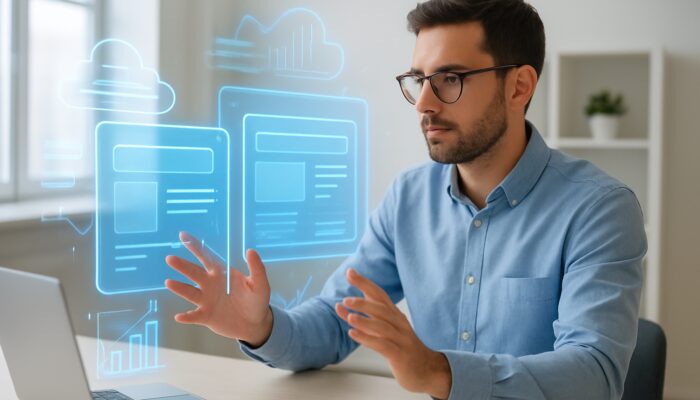 Novice analyst comparing rival websites on holographic screens amid SEO graphs and keyword clouds.