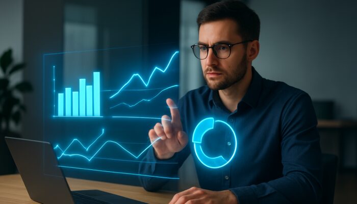 Creator analyzing holographic charts comparing video, article, and social media engagement metrics to benchmarks