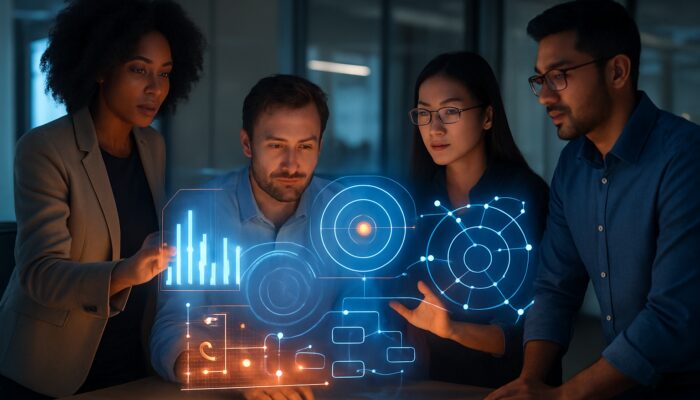 Diverse team analyzes holographic attention metrics dashboards in sleek office for data-driven content optimization
