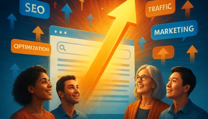 Vibrant video thumbnail ascending glowing search rankings with floating keywords and upward arrows for growth