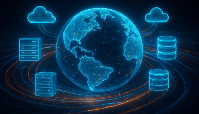 Holographic globe with interconnected cloud servers, CMS dashboards, and global database nodes.