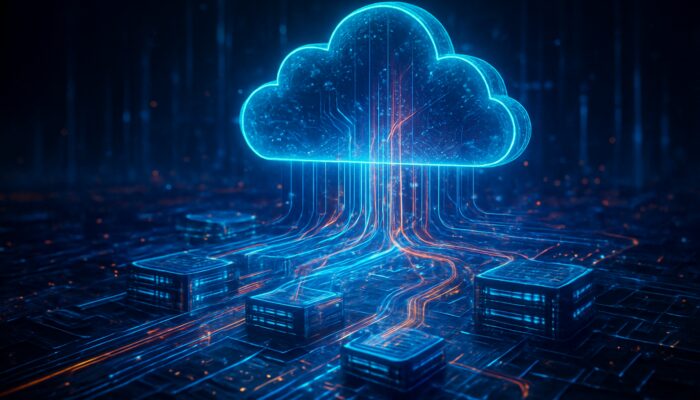 Glowing digital platforms merging into cloud hosting server amid cyberpunk neural networks and data streams.