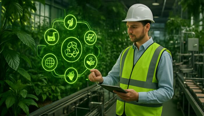 Sustainability auditor examining glowing supply chains in modern eco-factory with green plants and clean lines.
